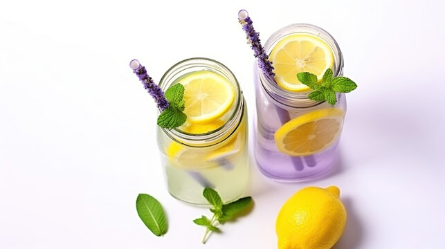 Ice-Cold Lemonade Infused with Lavender, Served with a Slice of Lemon and a Straw. Generative AI