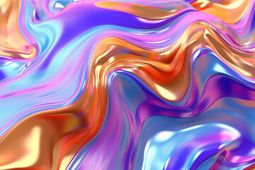 Fototapeta premium Metallic irridescent abstract multi colored wavy liquid background. Generative AI.