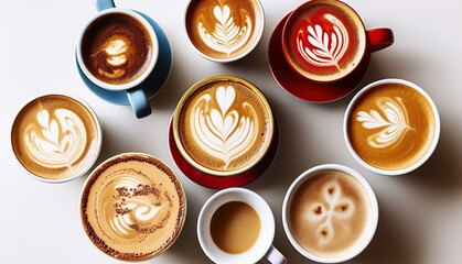 Bunch of coffee cups with different kind of beverage and different latte art foam designs. Top view, close up, Generative AI