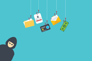 Hacker and cybercriminal phishing, identity theft, user login, password, documents, email and credit card. Hacking and web security. Internet phishing concept. © madedee