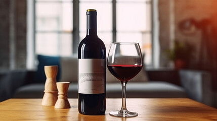 Vintage Bottle of Red Wine and Two Glasses Adorn an Empty Loft Living Room. Generative AI