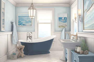 A bathroom with a marine color palette, sunlight streaming in through the window. Generative AI.