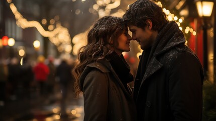 Obraz premium Happy Couple at night in winter under falling snow on blurred background. Generative Ai.