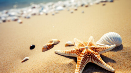 Fototapeta na wymiar A starfish and seashells on a sandy beach, Generative AI