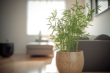 Bamboo in a grey pot inside a beautiful modern apartment. Generative AI