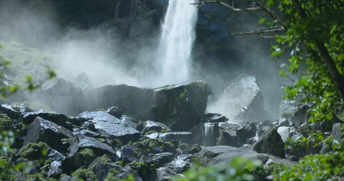 Slow Motion Of Water Cascade Rushing Down At Foroglio Waterfall In Cevio, Switzerland. static