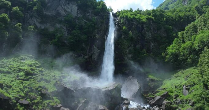 Majestic Foroglio Waterfall In Canton Ticino, Switzerland. Cascata di Foroglio. ascending, slowmo