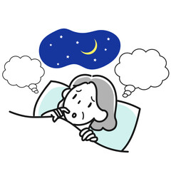 思い悩んで眠れないシニア女性のイラスト