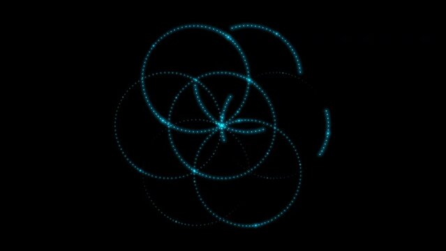 Flower of life made of small neon blinking dots isolated on black background. Sacred geometry. 4k loop video animation 60 fps.