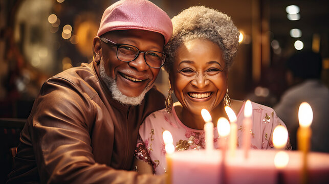 couple celebrating birthday.Joyful senior African woman and family blowing candles on birthday cake,  with her husband, celebrating her birthday.cozy mood and pastel theme.
