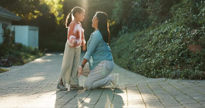 Outdoor, hug and mother with girl, love and quality time with support, loving together and bonding. Home, family and mama with daughter, joy and female child embrace, outside and happiness with care