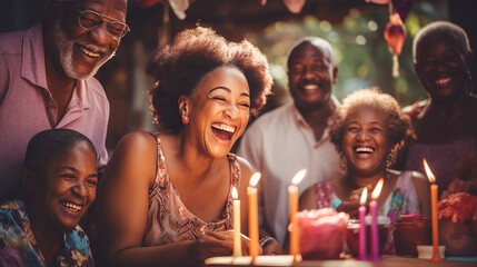 couple celebrating birthday.Joyful senior African woman and family blowing candles on birthday cake, with her husband, celebrating her birthday.cozy mood and pastel theme.