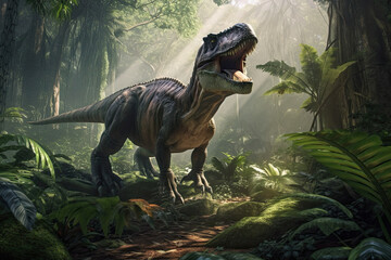 Tyrannosaurus in the jungle. Generative AI.