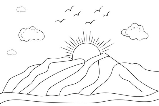 
hand-drawn line art landscape mountain view, with sun and clouds, under the river, wild beach sunset and sunrise outline waves Nature view, lake line drawing island hills, Kids drawing coloring page
