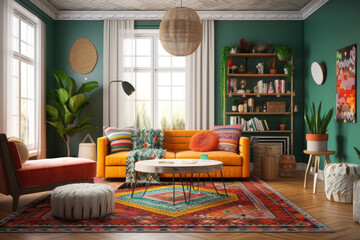 Vector illustration of bohemian living room design with floor carpet. Generative AI.