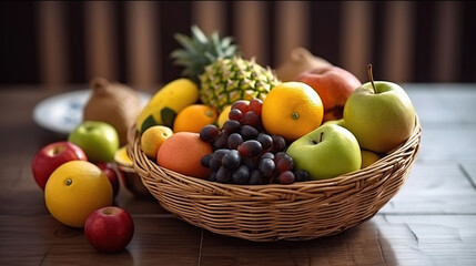 Naklejka na ściany i meble Basket and fresh fruits on wooden table. Generative AI
