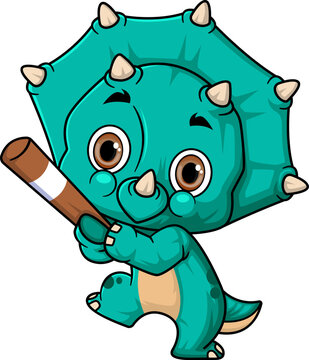Cartoon funny little triceratops playing baseball