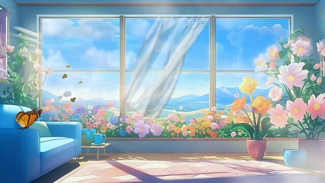 Living room with big windows, flowers and beautiful landscape background. Colorful butterflies. Seamless fantasy anime painting style animation. 4k footage