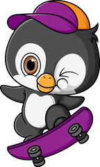 Cartoon cute baby penguin playing skateboard