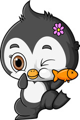 cartoon little penguin holding a fish