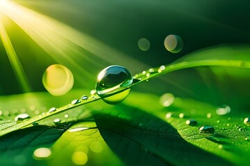 Large beautiful drops of transparent rain water on a green leaf macro. AI generated