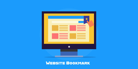 Online audience bookmarking favourite page from desktop pc, social bookmarking, saving web page on collection. Vector illustration web banner template.