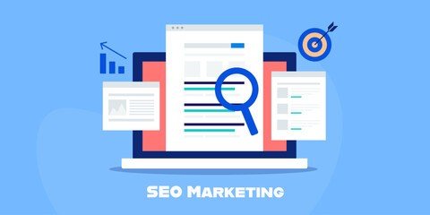 Search engine keyword ranking on laptop screen, website optimization, content marketing and web traffic growth analytics, target audience conceptual web banner, vector banner template.