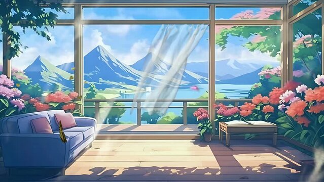 Living room with big windows, flowers and beautiful landscape background. Colorful butterflies. Seamless fantasy anime painting style animation. 4k footage