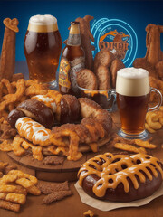 AI-Generated Image: Vibrant Oktoberfest Scene - Blue Neon Background with Bread and Drinks