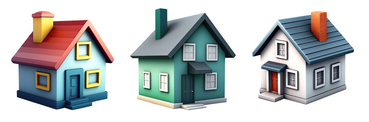 Set of 3d rendered simple house , Miniature house cut out transparent background, PNG ,Generative AI	