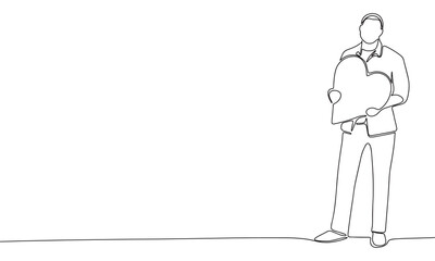 Man with heart symbol one line continuous vector illustration. Concept of love banner. Line art, outline hand draw illustration.
