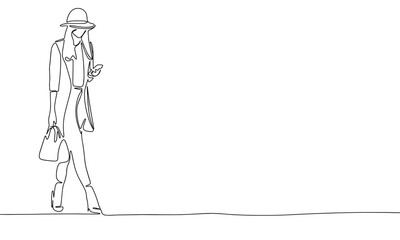 Fashion woman is going with phone one line continuous vector illustration. Concept of fashion banner. Line art, outline hand draw illustration.