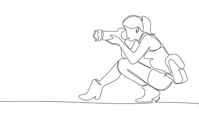 Woman photographer one line continuous vector illustration. Concept of journalist banner. Line art, outline hand draw illustration.