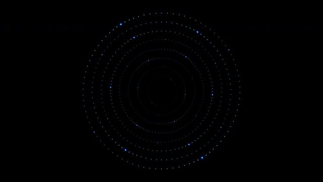 A lots of rotating circles of different scales, consisting of small flashing glowing neon dots, light bulbs arranged like a target, isolated on a black background. 4k loop video animation 60 fps.