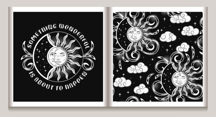 Label, pattern with eclipse with sun, crescent moon, swirls and text. Mythological fairytale characters, magic, mystical, astrology symbols. For kids clothing, apparel, T-shirts, surface design