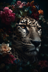 Jaguar wild cat abstract portrait with flowers and leaves. Creative animal portrait. Generative Ai.