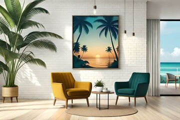 Fototapeta na wymiar mock up poster frame on tropical interior background, modern Caribbean style, 3D illustration