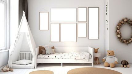 Scandinavian-inspired Mock-up Frame Enhancing a Cozy White Children's Room