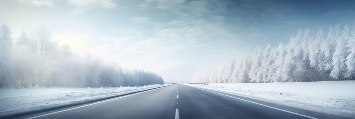 Sunny winter road covered with snow. Generative AI