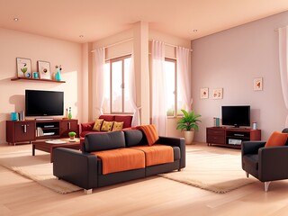 Living room interior with sofa and tv, apartment 8k
