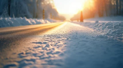 Fotobehang Sunny winter road covered with snow. Generative AI © ColdFire