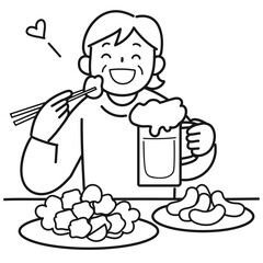 笑顔でから揚げを食べビールを飲むシニア女性