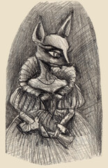 Fairy tale character of a female fox dressed in a vintage costume with hand fan. Hand drawn Pencil sketch drawing on old beige paper