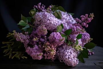Beautiful bouquet of lilac branches on a dark background.