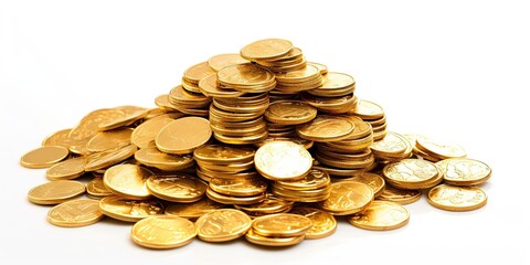 Business concept. Pile of currency for financial investment. Economy and finance. Stack of golden coins on white background