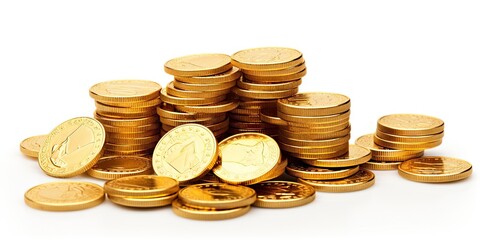 Business concept. Pile of currency for financial investment. Economy and finance. Stack of golden coins on white background