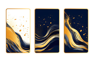  set of abstract banners Luxury abstract fluid art painting background alcohol ink technique black and gold, isolated on white and transparent background, ai generate