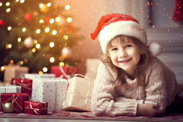 happy little girl in Santa's hat enjoying Christmas at home with presents. new year concept