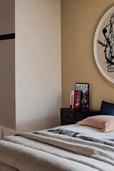 Modern magical fantasy bedroom, king size bed, neon graffiti picture frame, canary creme wall, gold and black finings, 8k
