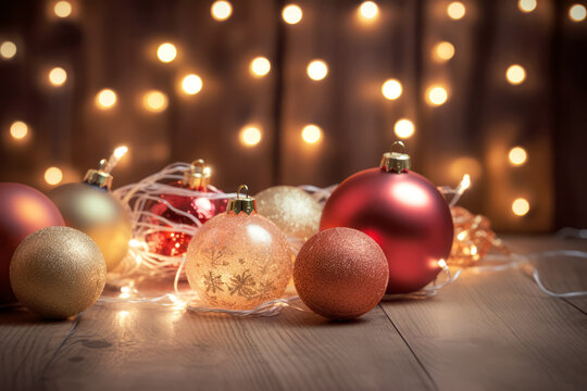 Christmas ball with Christmas lights on wooden floor. Christmas postcard